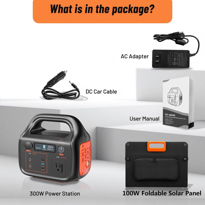 Portable Power Station 300W - Solar Generator 299Wh with 100W Solar Panel, USB-C Power Bank for Camping Outdoor Home Backup