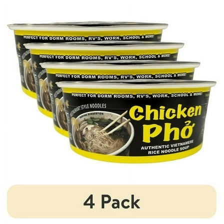 (4 pack) Pholicious Instant Chicken Pho, Vietnamese Rice Noodle Soup, Single Serve 3.6 Ounce Bowls, Ramen Alternative, Fresh Ingredients, As Seen on Shark Tank