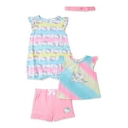 Hello Kitty Baby Girl Romper, Top, Shorts & Headband Outfit Set, 4-Piece, 0/3-24 Months