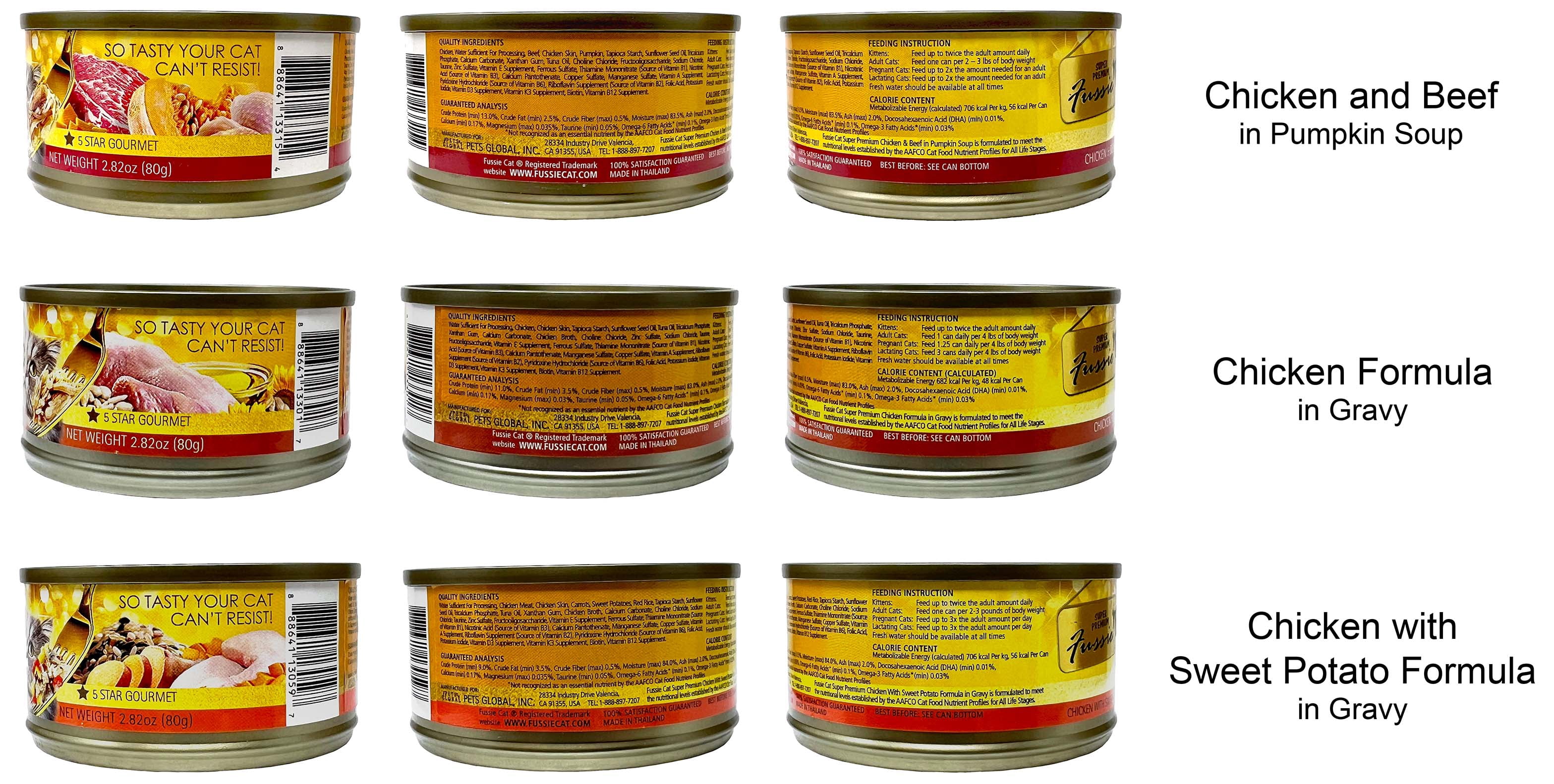Fussie Cat Grain-Free Wet Cat Food Variety Pack, Chicken, Chicken Sweet Potato & Chicken Beef Pumpkin, 3 oz (6 Pack) + Catnip Toy & MerlinsMart Zine