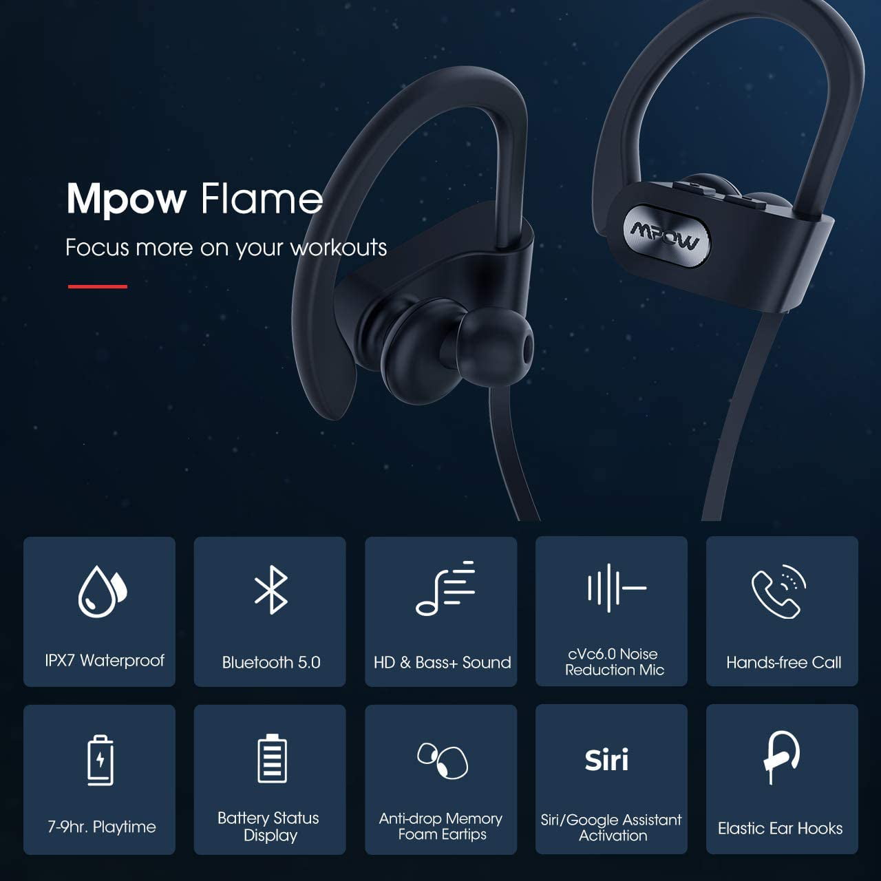 7-10 Stunden Spielzeit/Bass+ Technologie Sportkopfhörer Joggen/Laufen Bluetooth 4.1 IPX7 Wasserdicht Kopfhörer Sport In Ear Kopfhörer mit Mikrofon für iPhone Android Mpow Flame Bluetooth Kopfhörer