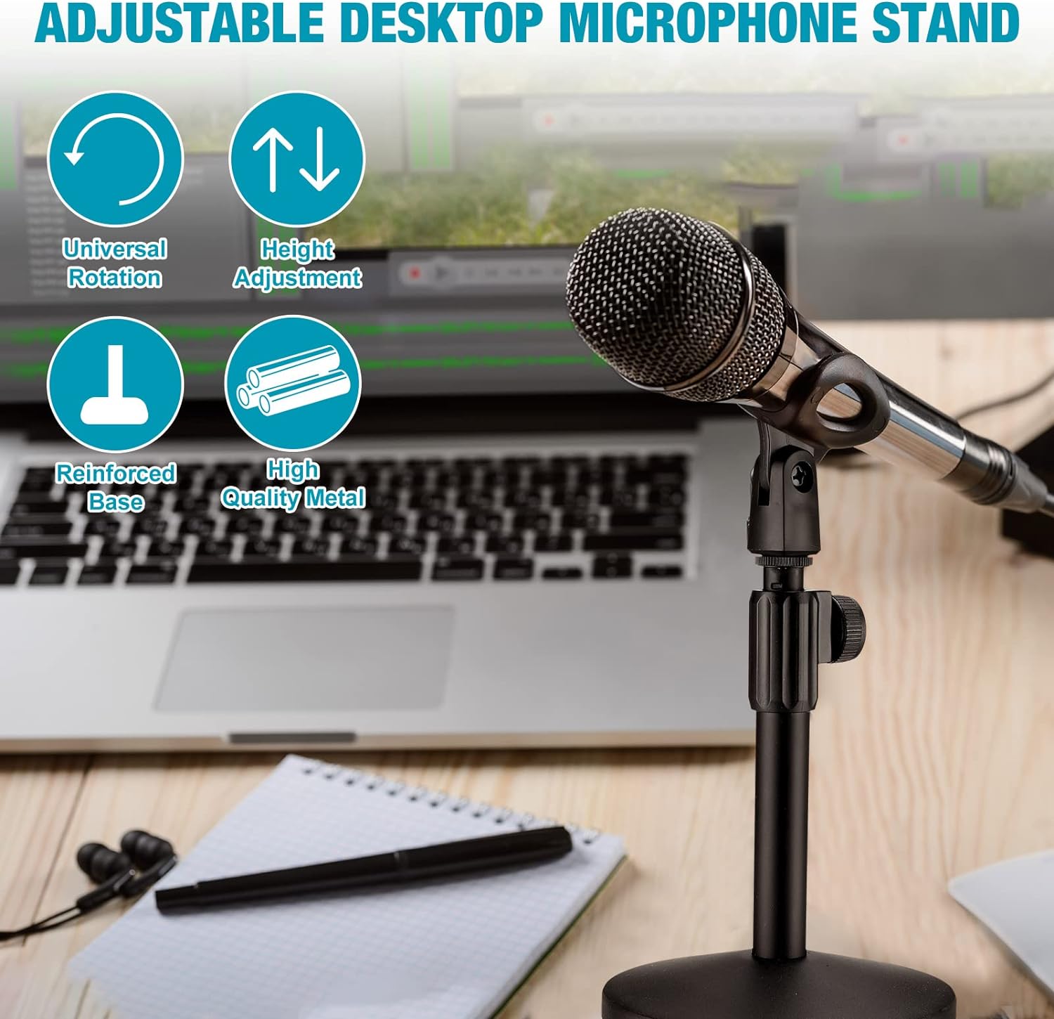4 Pcs Desktop Mic Stand Adjustable Microphone Desk Stands with Metal Round Base for Table Interviews Black