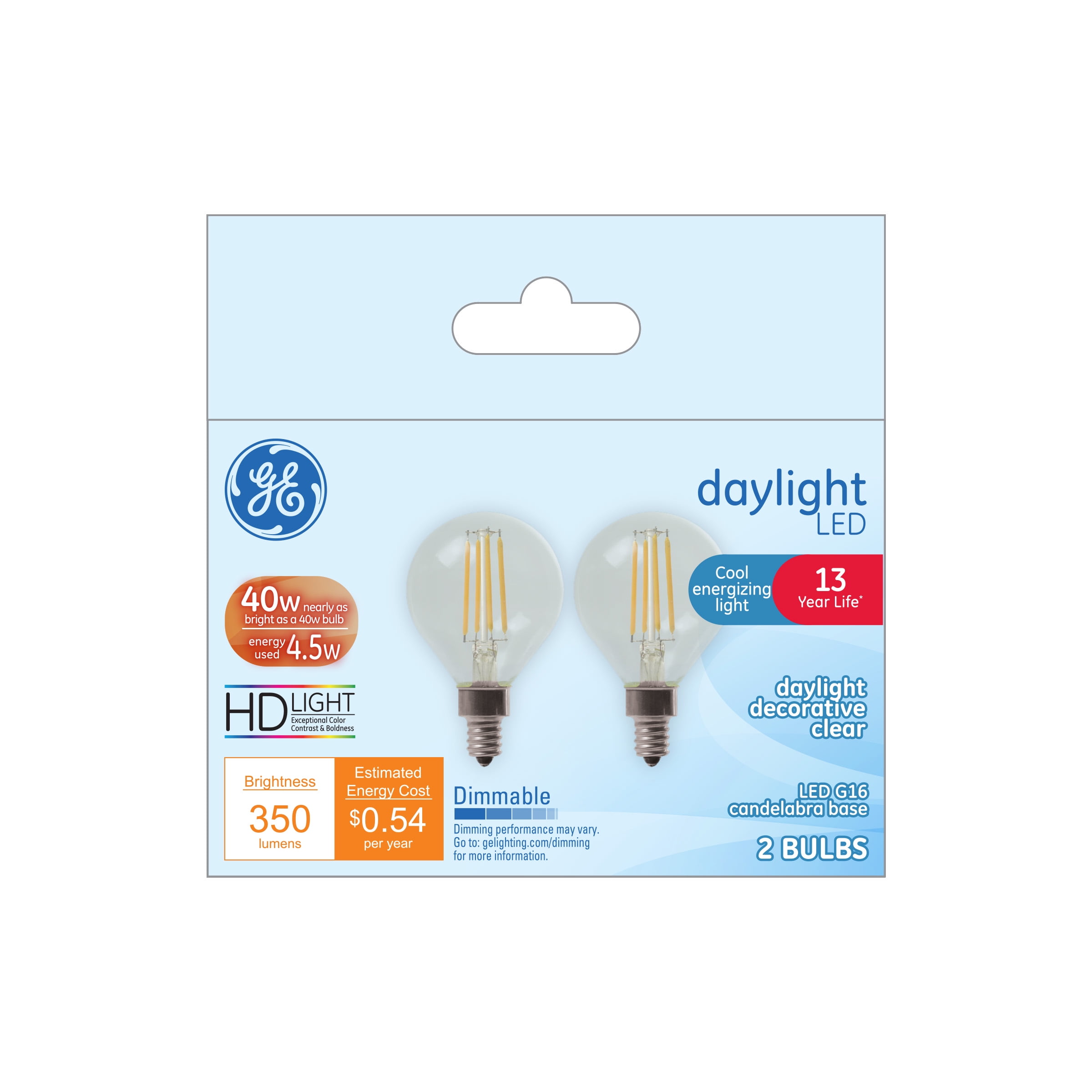 GE LED Daylight 4.5-Watt (40W Equivalent) Replacement Light Bulbs, Decorative Globe Clear, Candelabra Base, 2pk