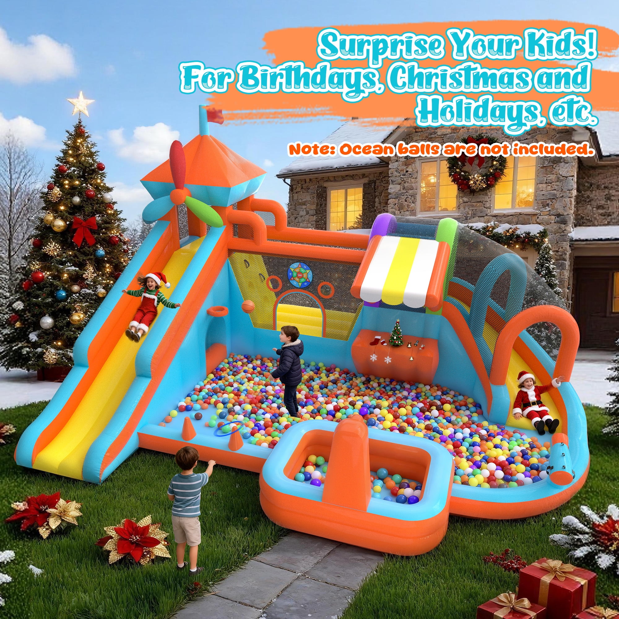 Letsgokid 17.5×13 FT 12 in 1 Water Bounce House for Kids with Double Slide, 750W Blower, Toy Stand, Jumping, Climbing Wall, Water Gun, Splash Pool, Tunnel, Basketball, Indoor, Outdoor, Orange