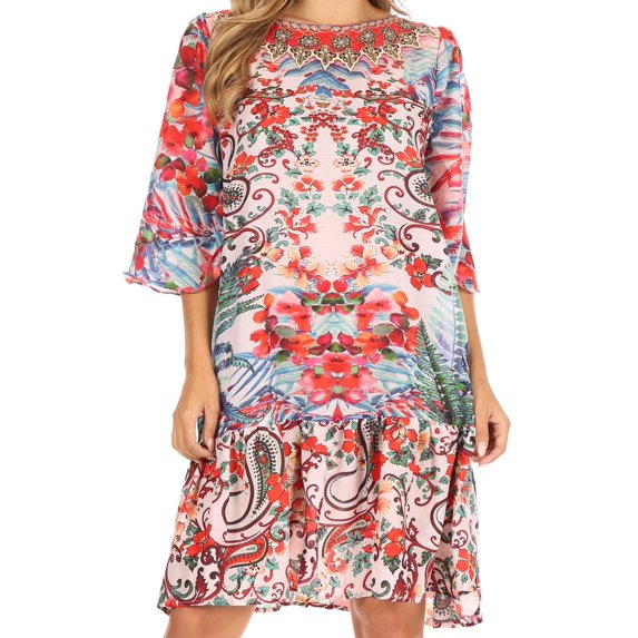 Sakkas Dona Women's Casual Swing 3/4 Sleeve Floral Print Boho Cocktail Midi Dress - UM407-Multi - One Size