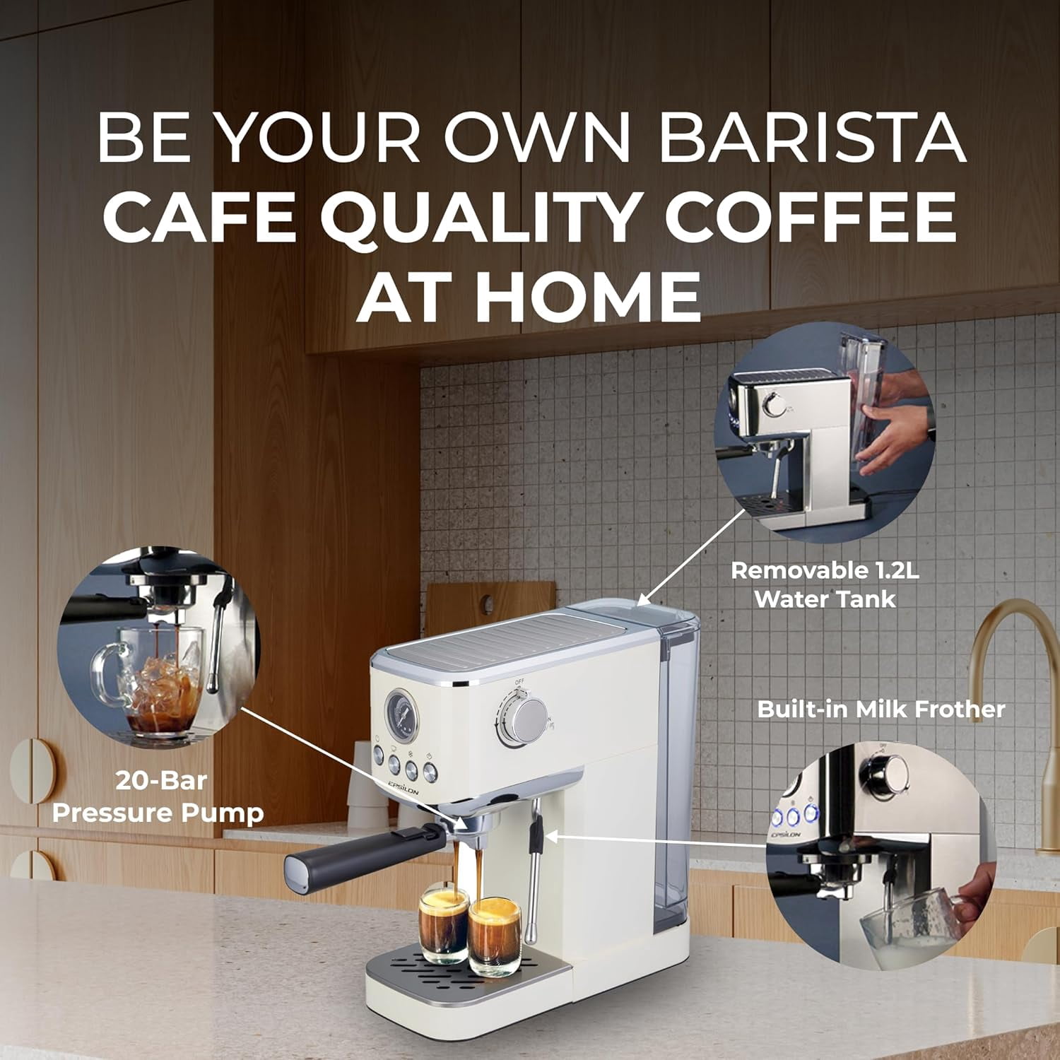 Epsilon Coffee Machine with Milk Frother, Compact 20-Bar Espresso Maker, Hot and Iced Coffee Maker with Removable Water Tank, Cold Brew Feature, and Steam Wand, 1.2L Capacity - Stainless Steel