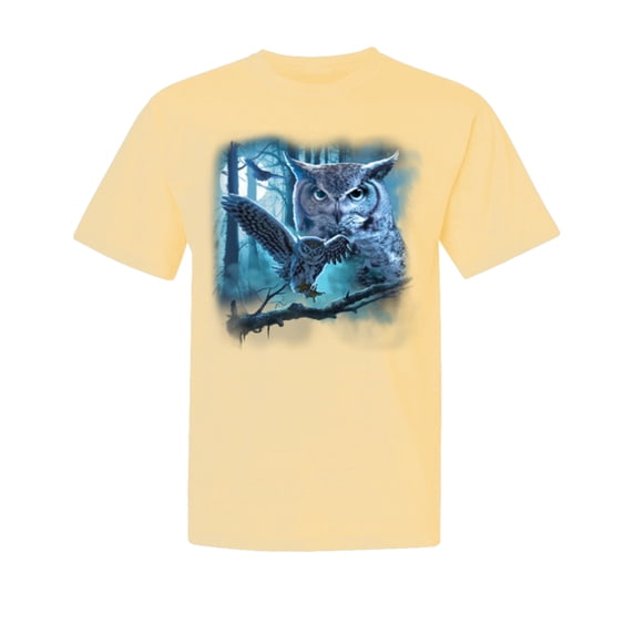 Wild Bobby, Owl Flying at Night In Front of the Moon, Animal Lover, Garment-Dyed Washed Look Short Sleeve T-Shirt, Banana, 2XL