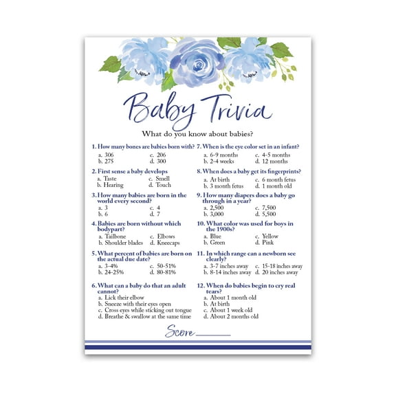 Blue BABY TRIVIA Game — FLORAL Baby Shower Games — Pack of 25 — Fun Baby Facts Games, BOY Baby Shower Games, Blue Floral Trivia Baby Shower Activity, Blue Flowers Trivia Baby Shower Game SKU G705-TRV