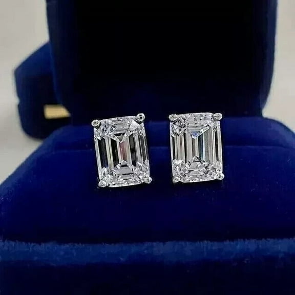 4Ct Emerald Cut Solitaire Diamonds Stud Wedding Women Earrings 14K White Gold Finish Silver