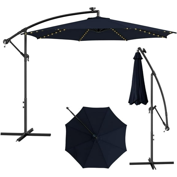 PetFurnishn 10FT Offset Patio Umbrella with Solar Lights, Cantilever Umbrella with Tilt Design, Crank Handle, Cross Base Stand-Navy