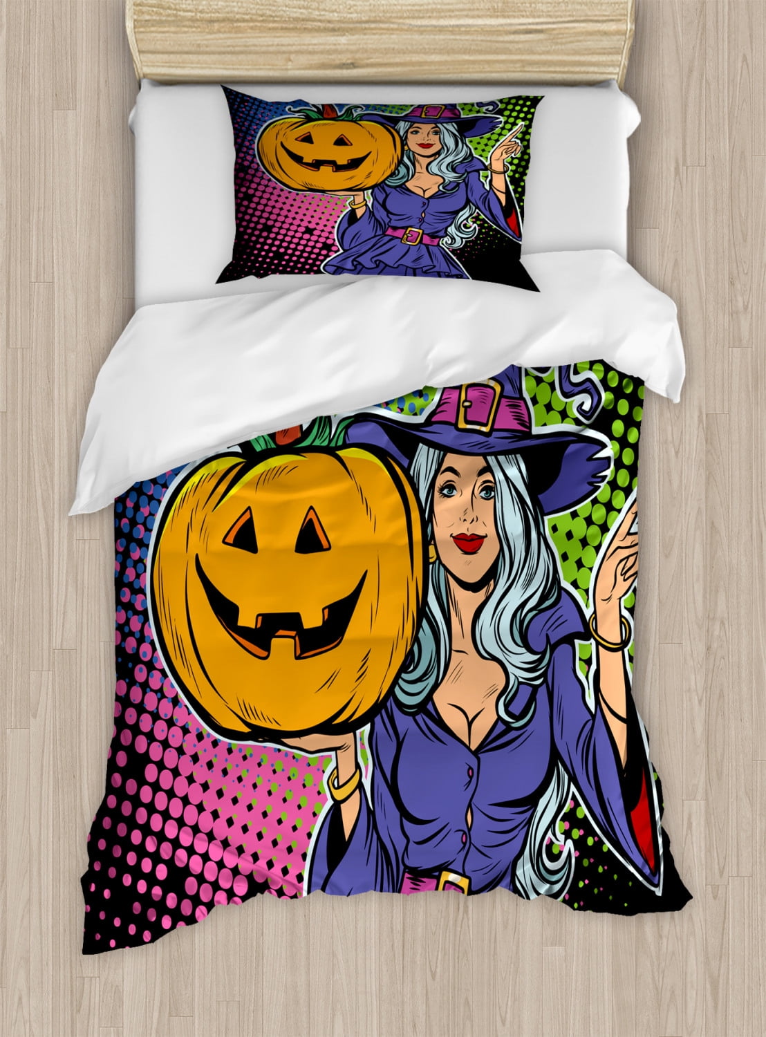 Halloween Duvet Cover Set Twin Size, Pop Art Inspired Design of a Witch