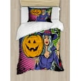 thumbnail image 1 of Halloween Duvet Cover Set Twin Size, Pop Art Inspired Design of a Witch with a Big Spook Pumpkin on Colorful Dots, Decorative 2 Piece Bedding Set with 1 Pillow Sham, Multicolor, by Ambesonne, 1 of 3