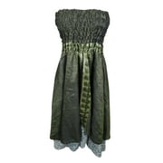 Mogul Womens Beach Dress Vintage Silk Sari Green Printed Two Layered Maxi Skirt