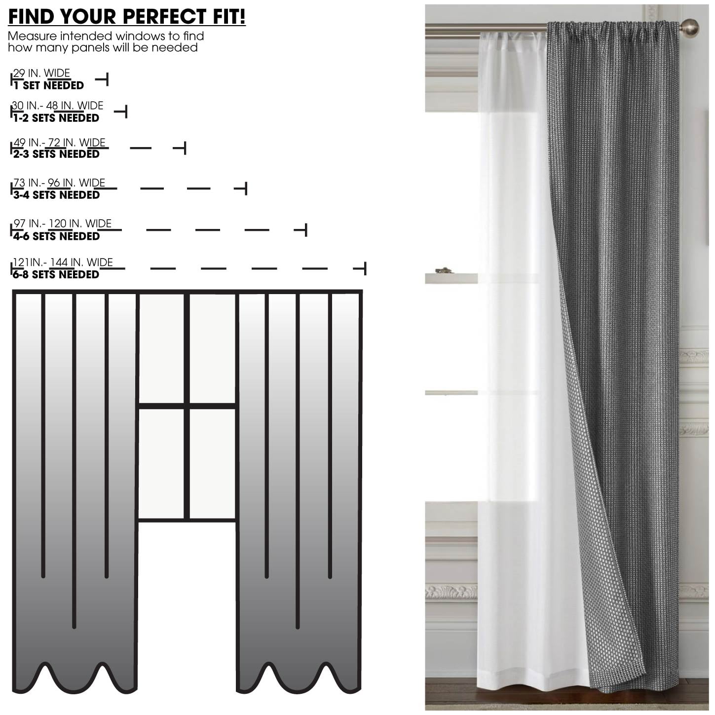 Mainstays 4 Piece Wave Jacquard Curtain Panel Set, Black, 27.5" W x 63" L