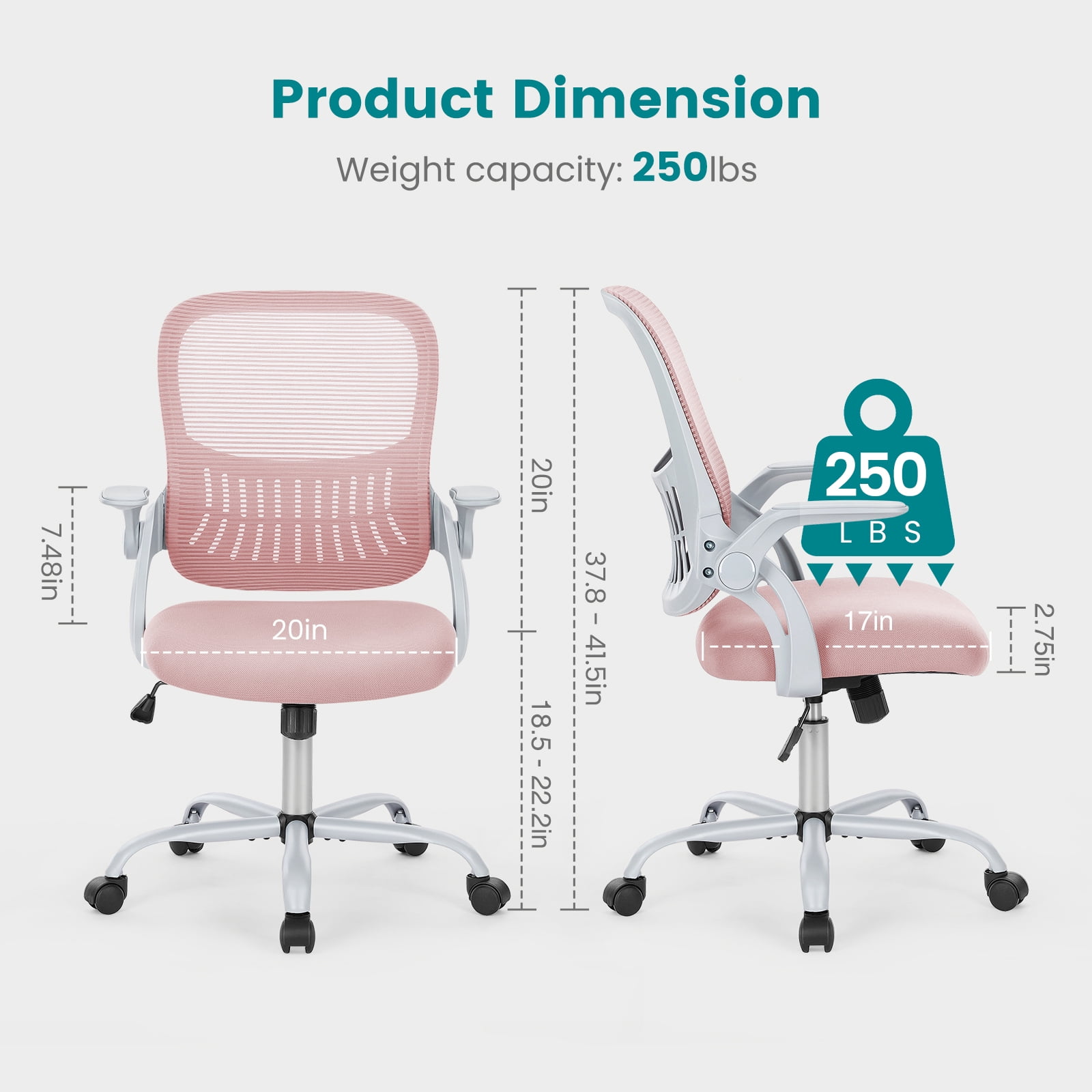 JOINSUN Office Computer Desk Chair, Ergonomic Mesh Mid-Back Rolling Work Swivel Task Chairs with Lumbar Support and Flip-up Arms for Home, Bedroom, Pink