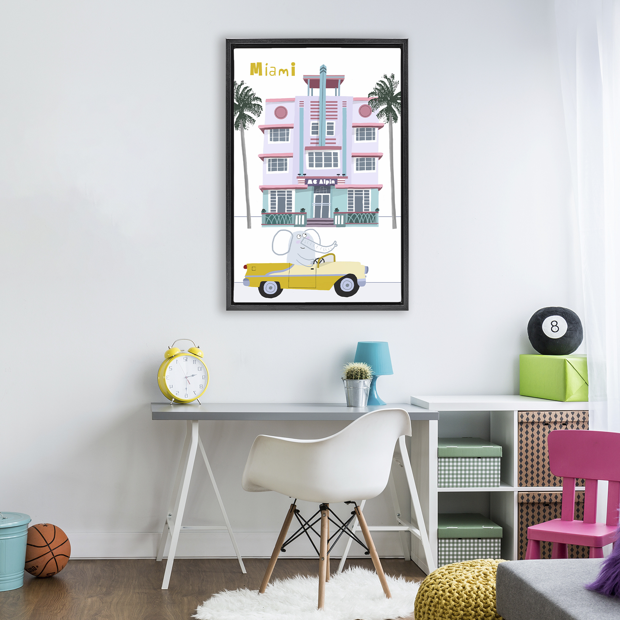 Elephant & Miami Hotel Black Framed Floater Canvas Wall Art, design by Carla Daly
