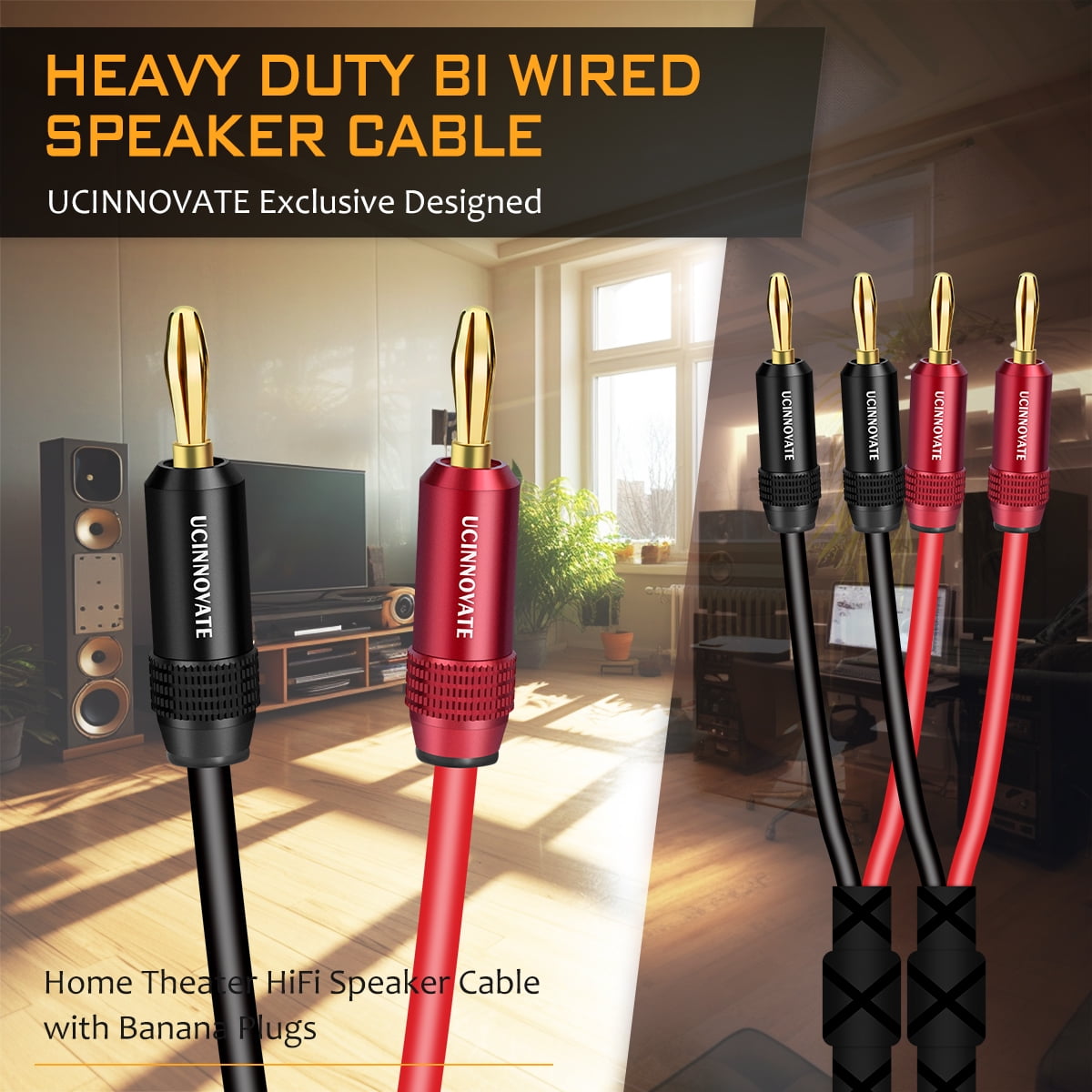 UCINNOVATE 2 Pack Bi-Wire Speaker Cable with Gold Plated Banana Plugs, 13 AWG HiFi OFC Audio Terminal Speaker Wire for Sound System Home Theater, Bi-Amp, Subwoofer, Audiophile(1.5m/4.9FT)