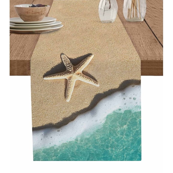 Blue Beach Summer Table Runner 36 Inches, Starfish Coastal Waves Natural Bed Runner Dresser Scarves Tabletop for Indoor Outdoor Parties/Ceremony/Banquet, 13"x 36"
