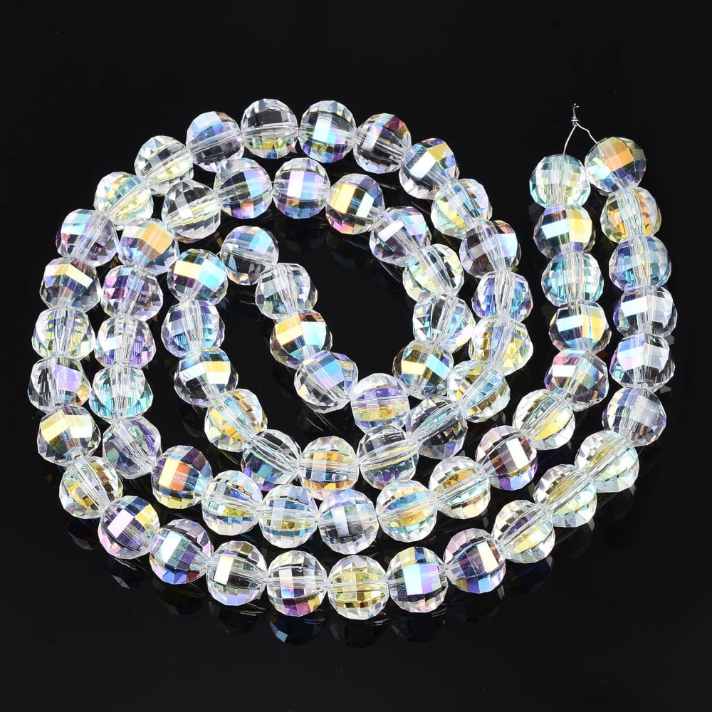 Electroplate Transparent Glass Beads Strands AB color Plated Faceted Round Clear AB 9.5x8.5mm Hole: 1.5mm 65~70pcs/strand 22.05 inch~23.62 inch(56~60cm)