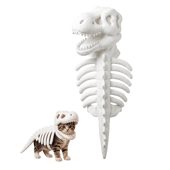 Dinosaur Skeleton Glow in Dark Cat Costume, Plush Halloween Pet Hood Outfit, 2-Piece Glowing Skeleton Hood Cape Set for Cat Halloween Party,M