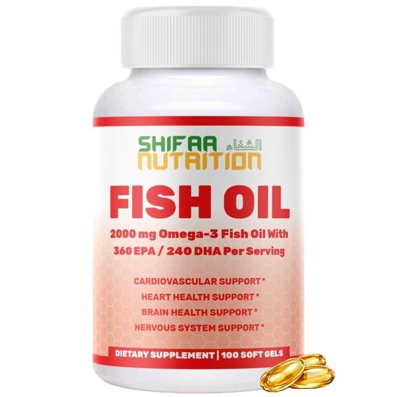SHIFAA NUTRITION Halal Fish Oil 2000mg – 100 Softgels, 50 Servings – Omega 3 for Heart, Brain & Body Fat Support