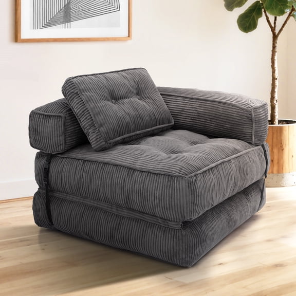 L-Shaped Folding Sofa Bed with Armrest, Convertible Sleeper Chair with Tufted Cushion, Corduroy Floor Lounge for Small Spaces, Dark Grey