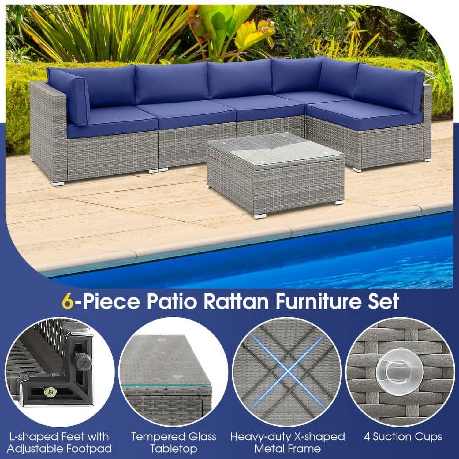 Aimee Lii 6 Piece Patio Conversation Sofa Set with Tempered Glass Coffee Table, Outdoor Patio Set, Navy Aimee Lii 6 Piece Patio Conversation Sofa Set with Tempered Glass Coffee Table, Outdoor Patio Set, Navy