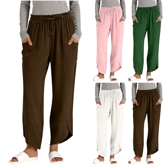 AHTJRT Drawstring Pants for Women Ankle Length Elastic Waist Trousers with Pockets Stretchable Dressy Casual Slacks Work Pants Pink XXL