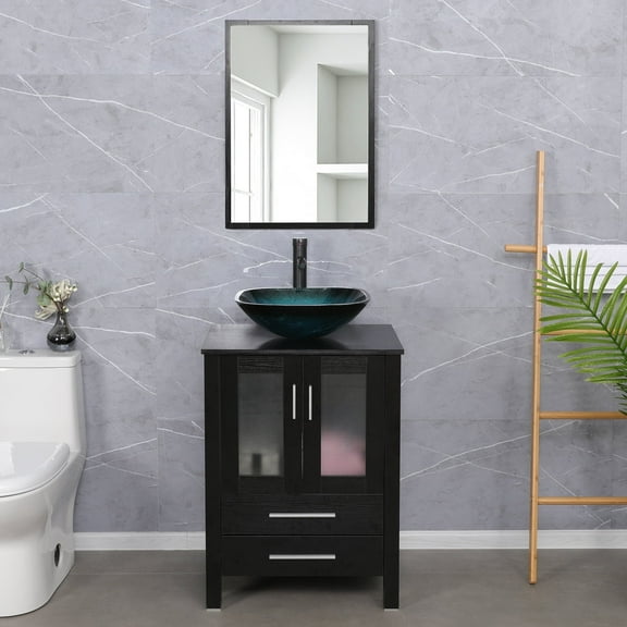 Eclife 24" Black Bathroom Vanity Set with Vessel Sink, Faucet, Drain