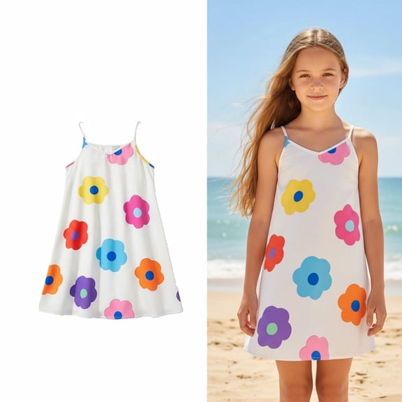 Girls Summer Dresses Floral Print Spaghetti Strap A-Line Dresses Girl Beach Dress 9-10 Years Old Girl Clothes