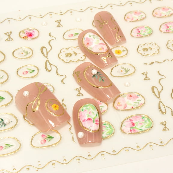 2 Sheets 5D Embossed Flower Nail Art Stickers Charms, French Tulip Nails Strips Wraps, Gold Hollow Frame Self-Adhesive Nail Tech Supplies Accessories