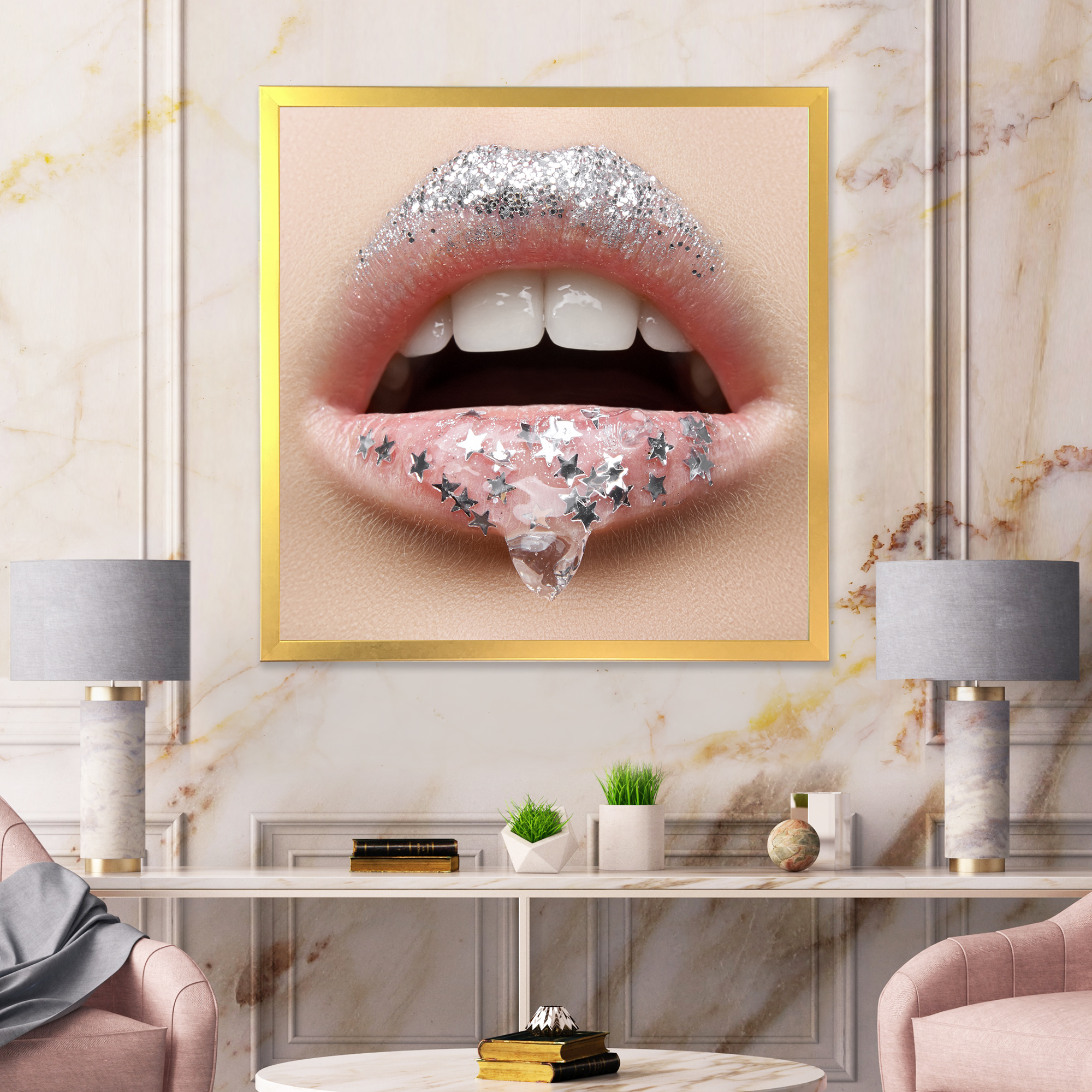 Designart 'Woman Lips With A Gel On The Lips & Stars' Modern Framed Art Print
