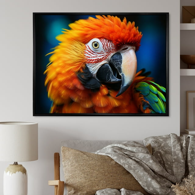 Designart Parrot framed wall art decor, Parrotframed wall art, Colorful Parrot Yellow Red , Yellow Modern black framed wall art, 32x24 inches black frame