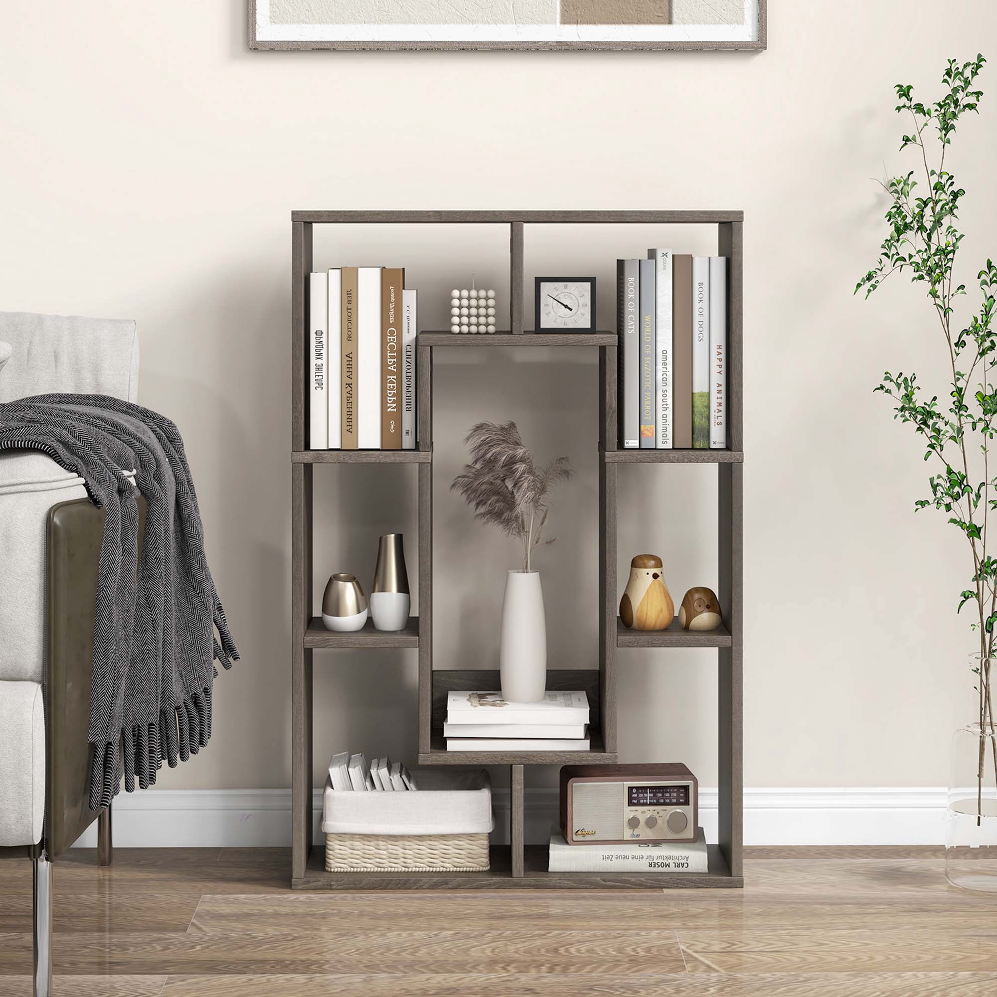 Costway 7-Cube Geometric Bookshelf with Anti-Toppling Device Modern Open Bookcase Grey