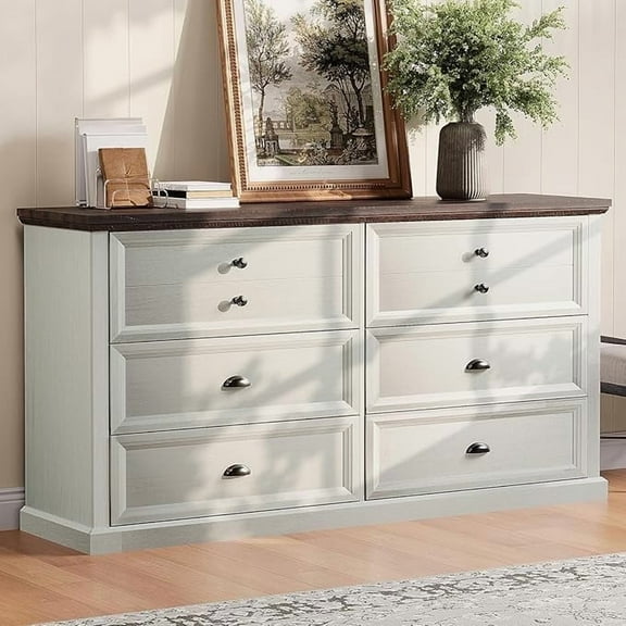 LUXOAK 58" Dresser for Bedroom, Farmhouse 6 Drawer Dresser with Storage Drawers, Rustic White