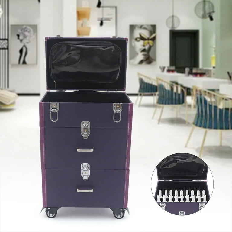 OUKANING 3-Tier Rolling Makeup Case Nail Polish Storage Box Cosmetic  Trolley Travel Organizer PU w/Rolling Wheels Purple