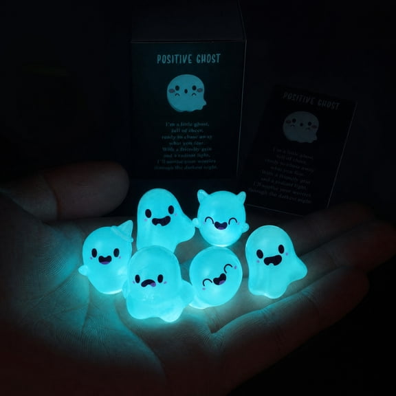 Diceymbol Glow in The Dark Positive Ghost 2 Inch, Mini Halloween Ghost Figurine with Box and Message Card for Desk Shelf Decor