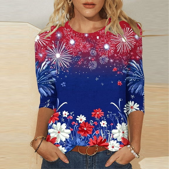 Xdegoge 4th of July Patriotic Tops for Women Red White and Blue Stars Print Blouse Three Quarter Sleeve Crewneck Casual Independence Day Summer Holiday Shirts Tees