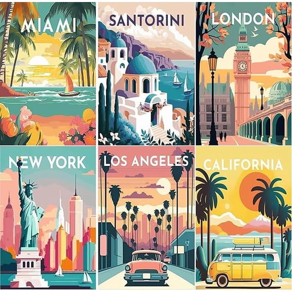 6 Pack Diamond Art Kits for Adults,5D City Travel Diamond Painting DIY Diamond Art Landscape Diamond Painting Art Kit for Adult,Round Full Drill Diamonds,Diamond Kit for Home Decor