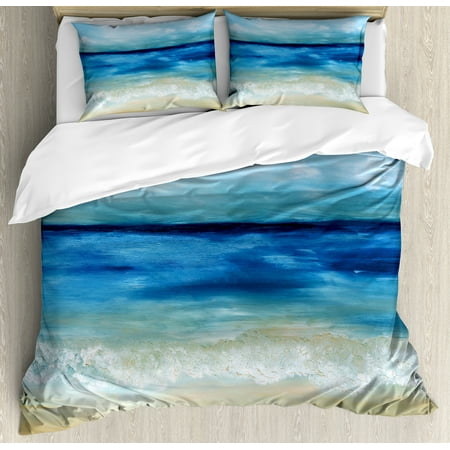 Duvet Covers Blue And Brown Art Duvet Cover Set, Tropical Sandy Beach Pure Waves Tranquil Ocean under Clouds Summer Scenery, Decorative Bedding Set with Pillow Shams, Navy Blue Pale Brown, by Ambesonne ()