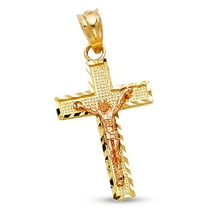Solid Jesus Cross Pendant 14k Yellow Rose Gold Crucifix Charm Mesh Diamond Cut Religious 21 x 13 mm
