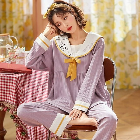 

PIKADINGNIS Fashion Autumn Winter Princess Retro Style Pajamas Sets for Women Cotton Purple Soft Sleepwear Suit Home Loose Nightwear Set