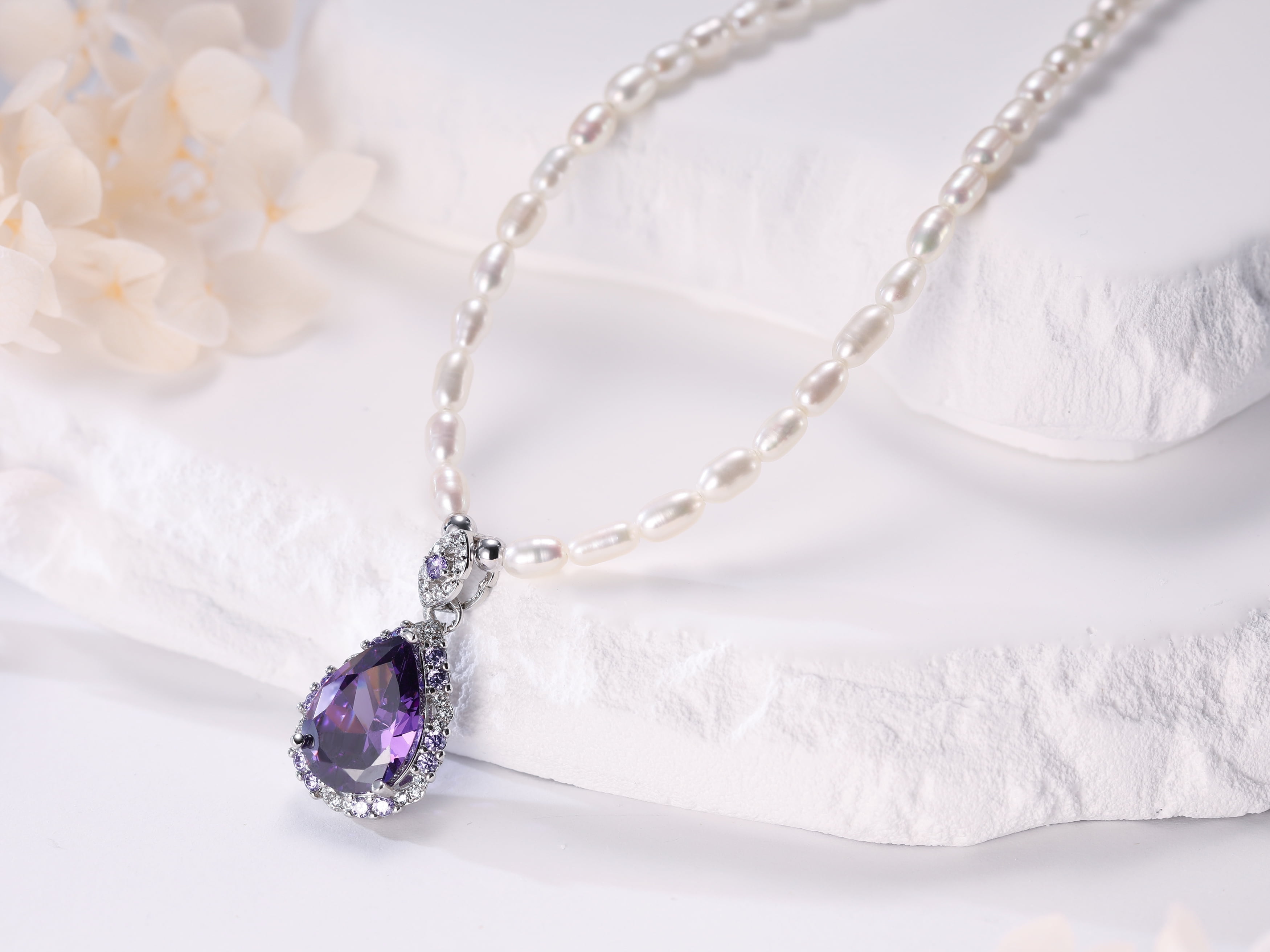 BAMIKI 3-4mm Purple  Cultured Pearl Necklace with Purple Zircon Pendant, 925 Sterling Silver Adjustable Chain, Elegant Jewelry Gift for Women