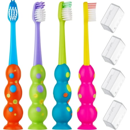 Trueocity Kids Toothbrush Soft Bristle with Suction Cup & Child-Sized Brush Heads 4-Pack Multi-Color