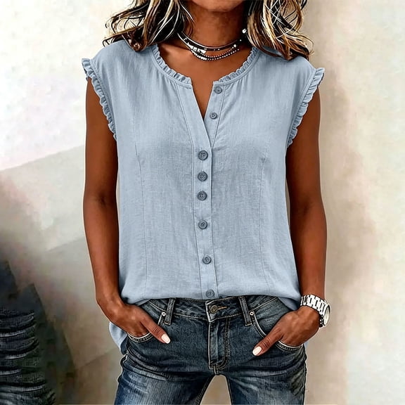 ClodeEU Women's V Neck Sleeveless Button Ruffle Trim Blouse,Casual Tank Top for Summer Blue,Women's Plus L