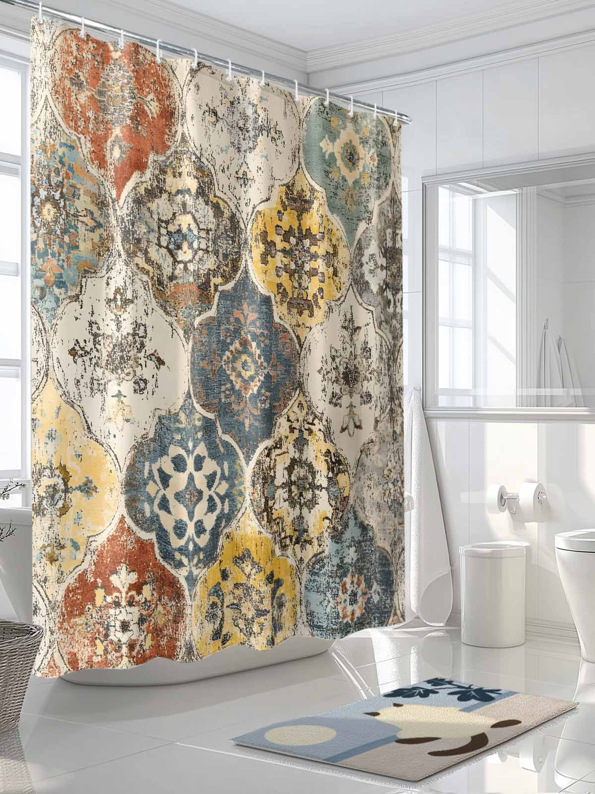 Vintage Boho Morocco Shower Curtain, Floral Lattice Pattern Bathroom Decor Curtains Set with Hooks, Yellow Cream Waterproof Fabric Home Accessories， 72 X 72 Inch Long