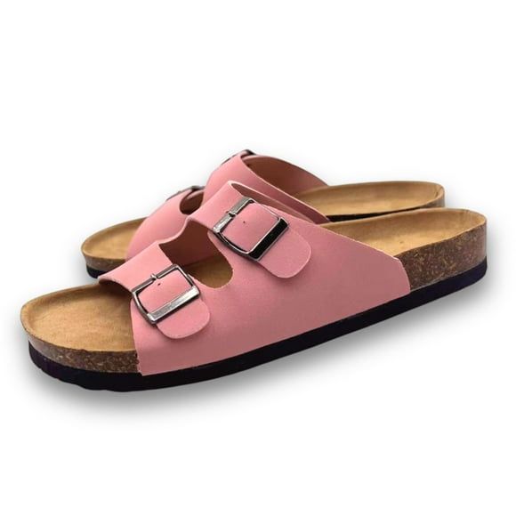 BERANMEY Unisex Cork Footbed Sandal for Womens Flat Slide Sandals Cork Footbed 2 Straps Adjustable Buckle Slip on Sandals with Comfort Arch Support for Slippers