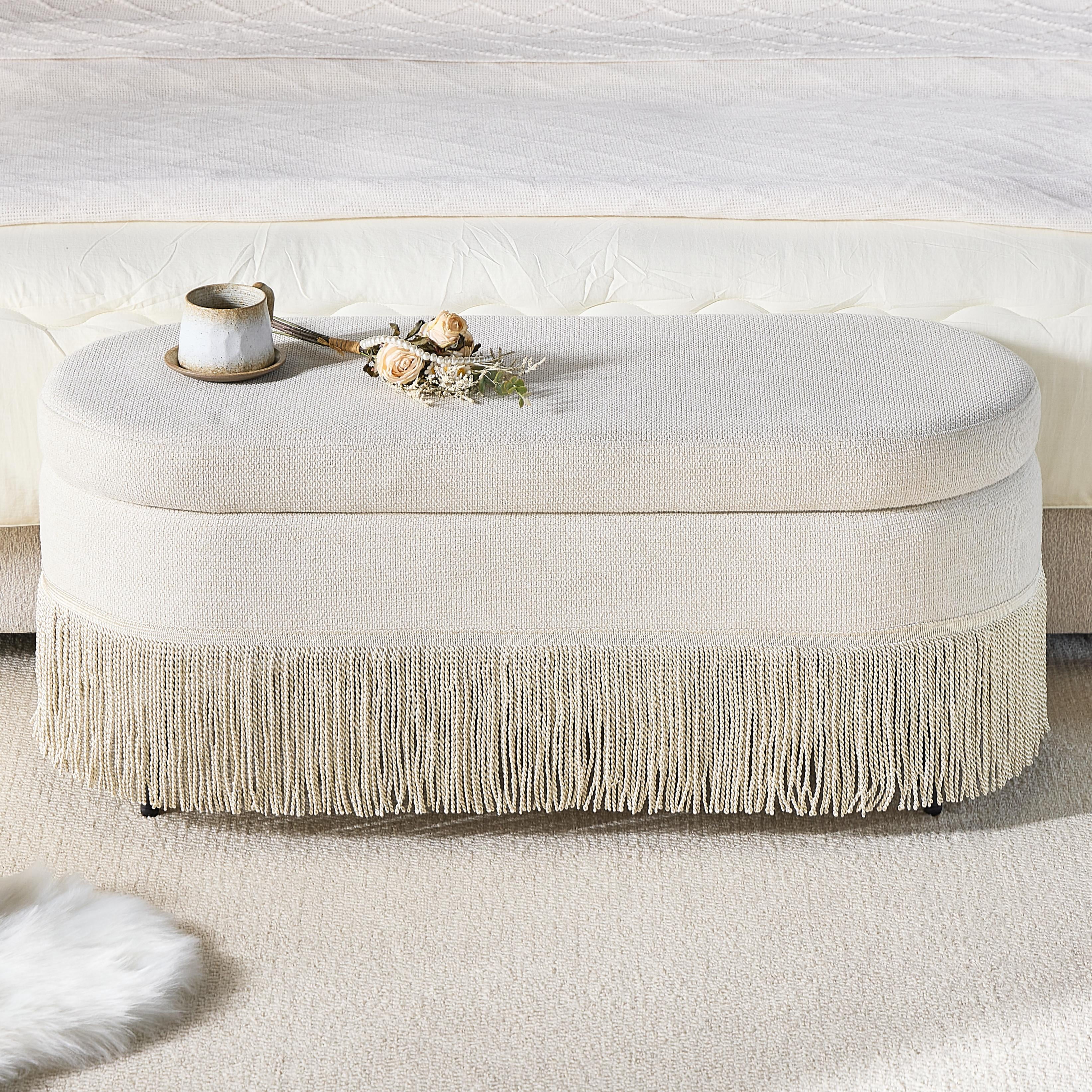 Mintazer 39.4" Oval Storage Ottoman with Tassel Trim, Linen Upholstered Bench with Hidden Storage for Bedroom Living Room, Beige