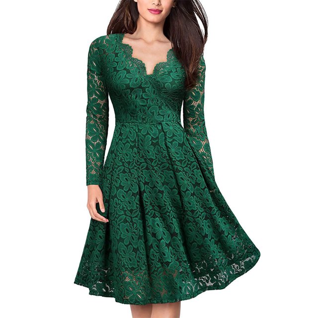 Txlixc Vestido floral de encaje femenino, falda de manga larga sólida con cuello en forma de V y cintura alta Txlixc moda