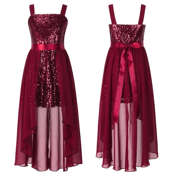 YONGHS Kids Girls Glitter Dress Evening Ball Party Gown 6-16 Burgundy 16